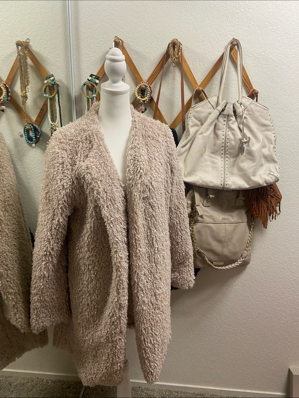 Plush Teddy Open-Front Coat - Cream, women’s large
